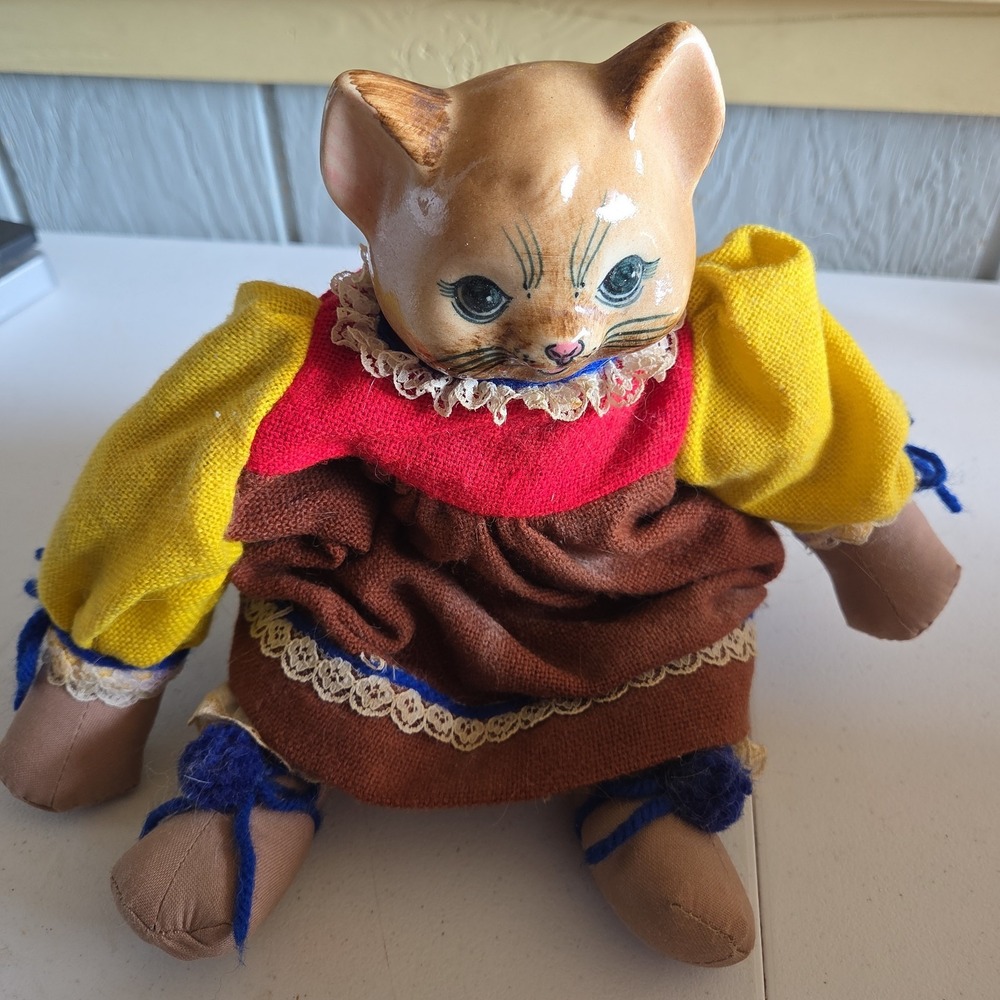 Vintage Cat Doll Painted Ceramic Head Jointed Burlap Cottage Folk Art Kitch Odd